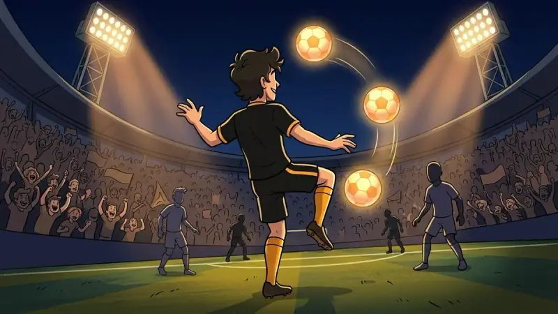 Cartoon illustration: a cartoon striker juggling three glowing footballs in front of a roaring crowd under floodlights