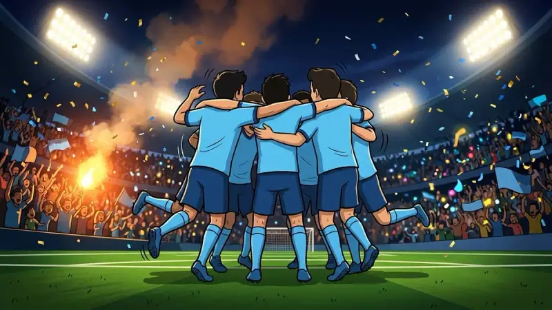 Cartoon illustration: a cartoon team of anonymous players celebrating in a huddle, confetti and flares lighting up the stands