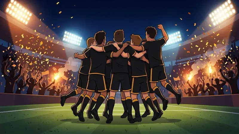 Cartoon illustration: a cartoon team of anonymous players celebrating in a huddle, confetti and flares lighting up the stands